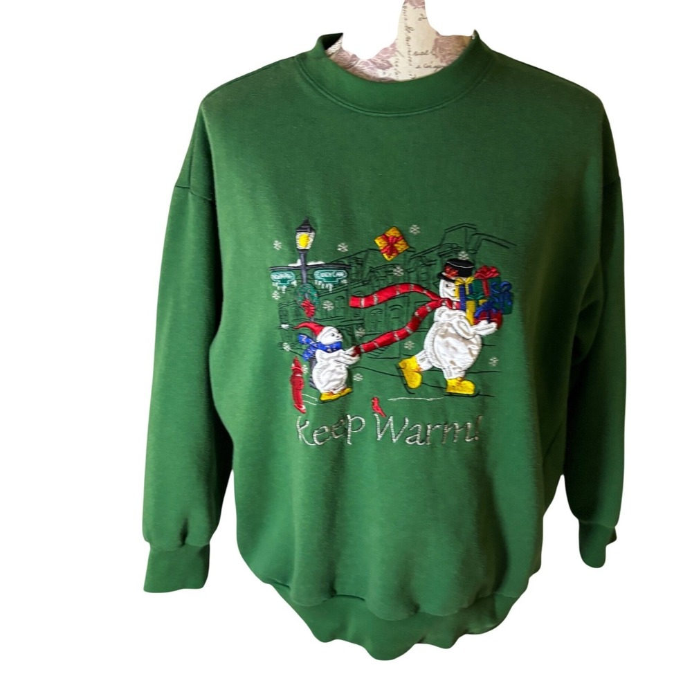 Vintage Nutcracker Green Christmas Snowman Embroidered‎ Fleece Sweatshirt Large